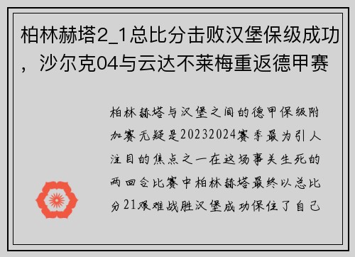 柏林赫塔2_1总比分击败汉堡保级成功，沙尔克04与云达不莱梅重返德甲赛场