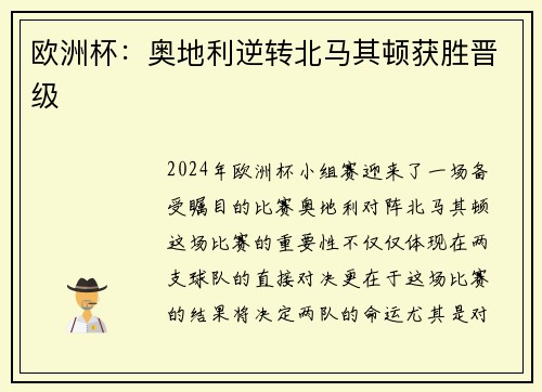 欧洲杯：奥地利逆转北马其顿获胜晋级